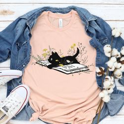 cute book cat t-shirt,cat book shirt, funny book lover sweatshirt, cat lover tee,reader bookish shirt, floral book art s