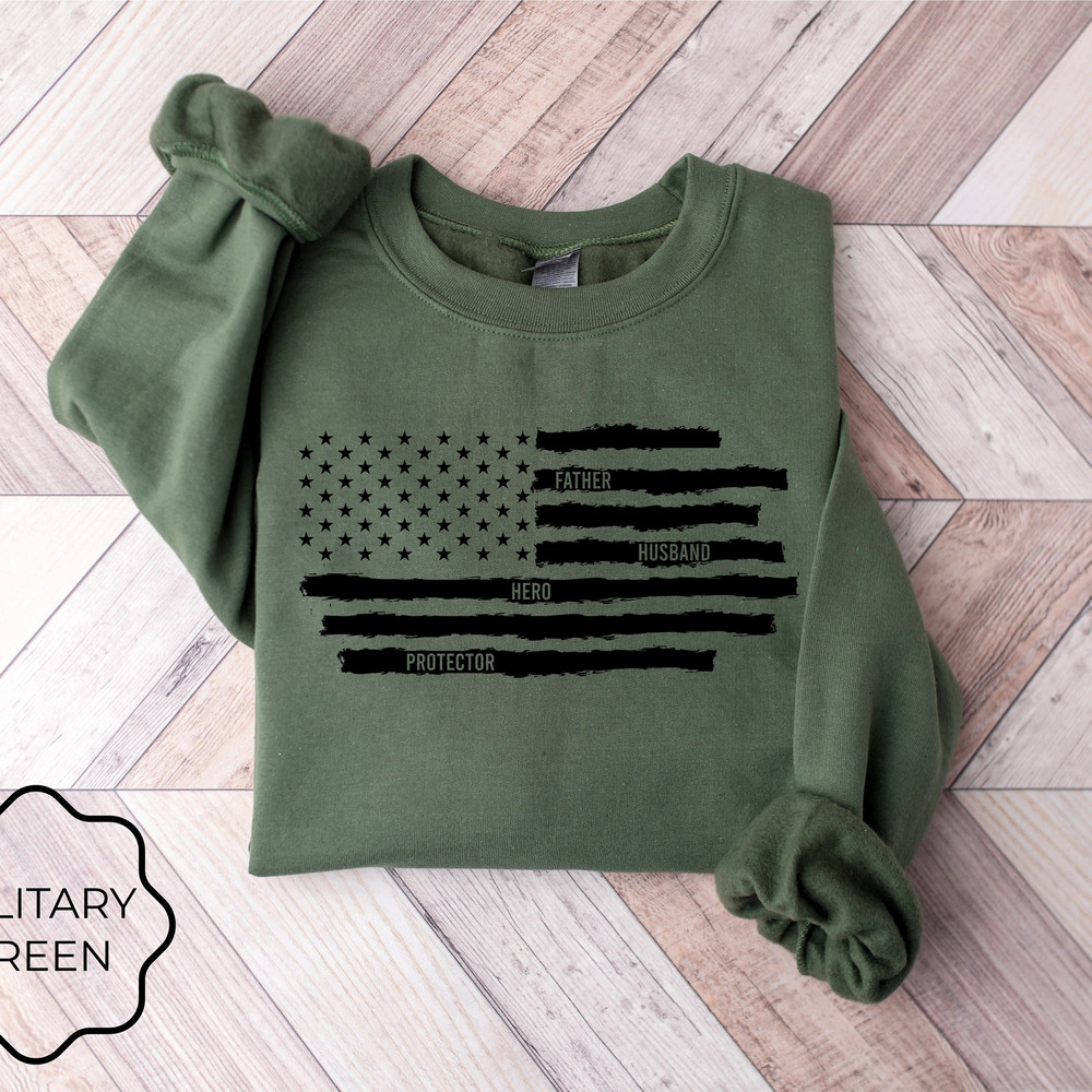 Fathers Day Sweatshirt, Husband Father Protector Hero Sweatshirt, American Flag Sweatshirt, Gift for Dad, Gift for Grandpa, Fathers Day Gift.jpg