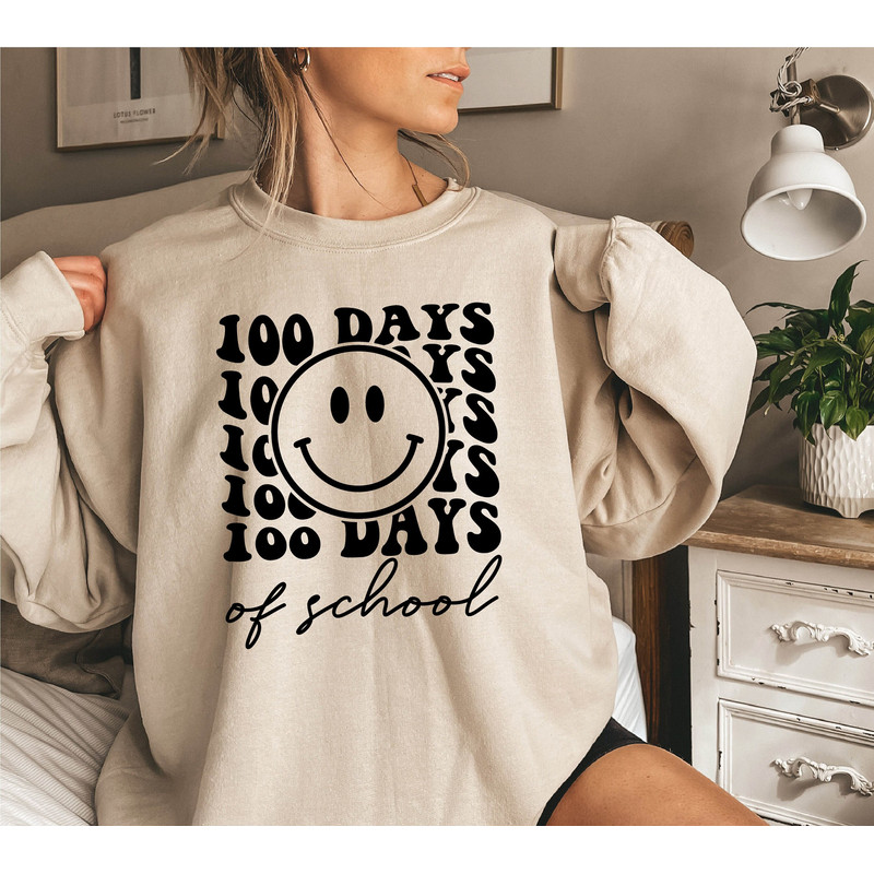 Funny 100th Days Sweatshirt, Teacher Smile Face Shirt, 100 Days Sweatshirt, 100th Day Of School Celebration, Student Shirt.jpg