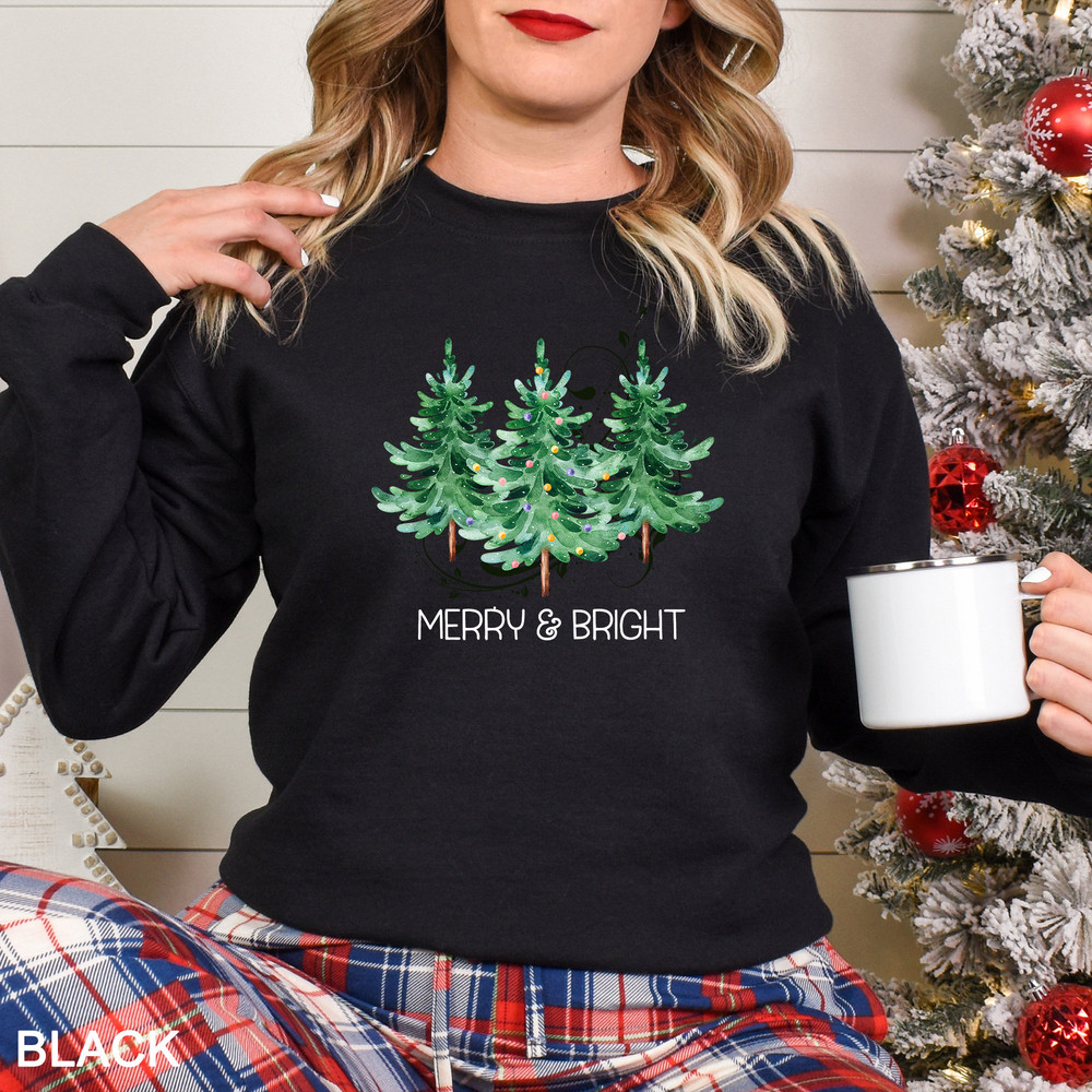 Merry & Bright Christmas Trees Sweatshirt, Christmas Sweatshirt, Womens Holiday Sweatshirt, Christmas Shirt, Winter Shirt Sweater, CR-0400.jpg