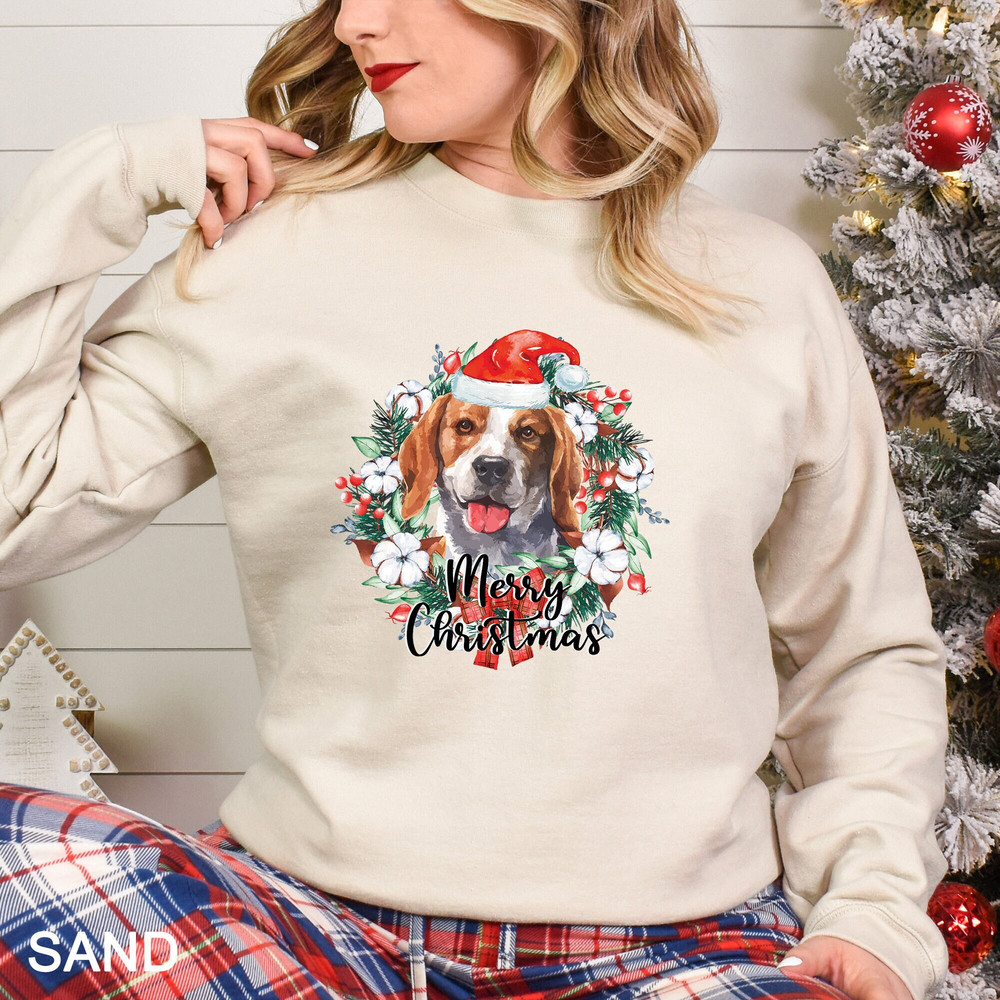 Merry Christmas Wreath Beagle Sweatshirt, Dog Sweatshirt, Christmas Wreath Dog Sweatshirt, Christmas Wreath Santa Dog Shirt, CR-0250.jpg
