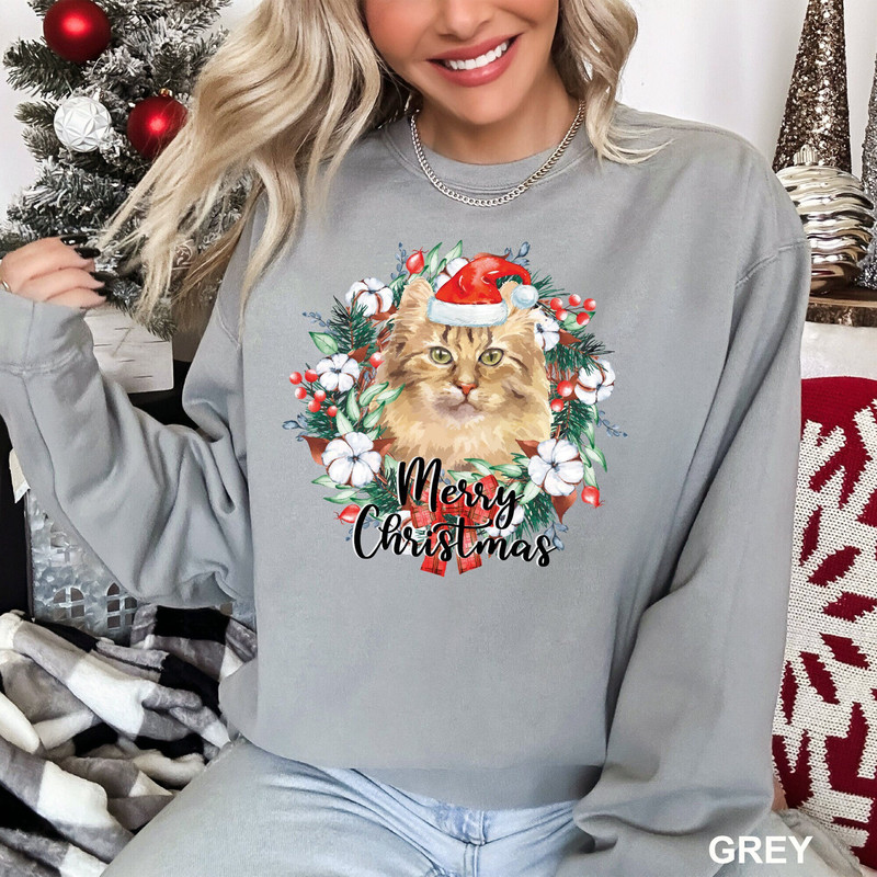 Merry Christmas Wreath American Curl Sweatshirt Comfort Colors Cat Shirt, Christmas Wreath Cat Shirt, Christmas Wreath Santa Hat Cat CR-0265.jpg