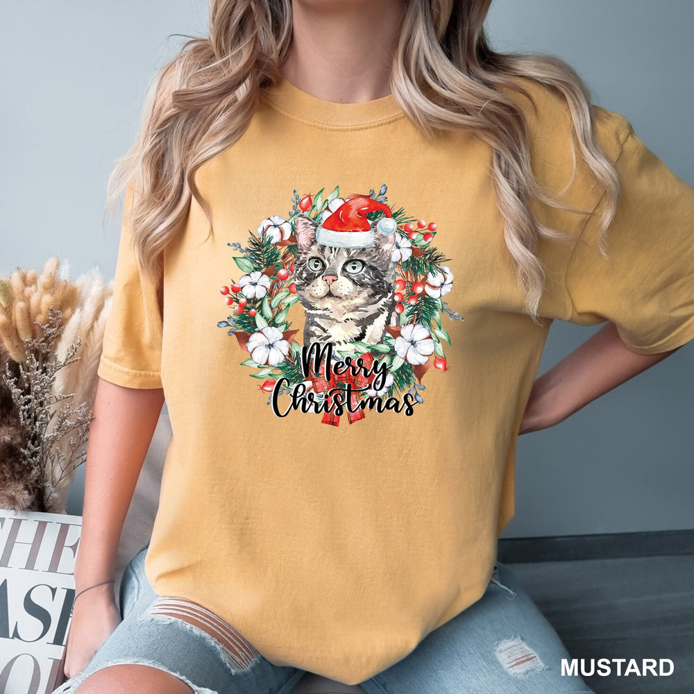 Merry Christmas Wreath American Shorthair Shirt, Comfort Colors Cat Tee, Christmas Wreath Cat Tshirt, Christmas Wreath Santa Cat, CR-0270.jpg