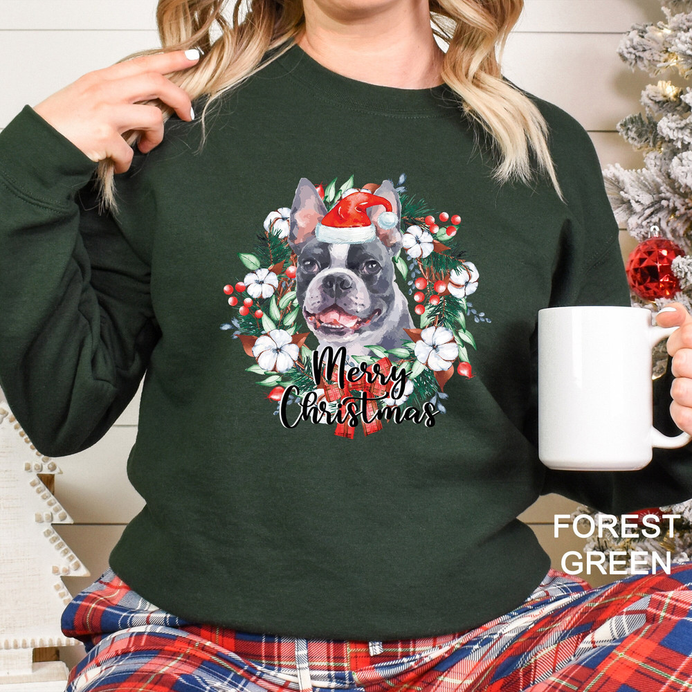 Merry Christmas Wreath Boston Terrier Sweatshirt, Dog Sweatshirt, Christmas Wreath Dog Sweatshirt, Christmas Wreath Santa Dog Shirt, CR-0252.jpg