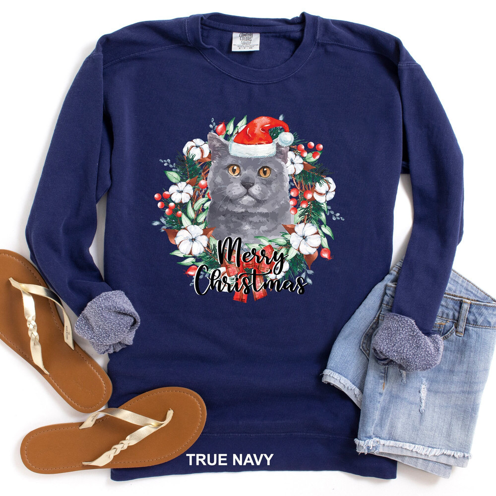 Merry Christmas Wreath British Shorthair Sweatshirt Comfort Colors Cat Shirt, Christmas Wreath Cat, Christmas Wreath Santa Hat Cat CR-0266.jpg