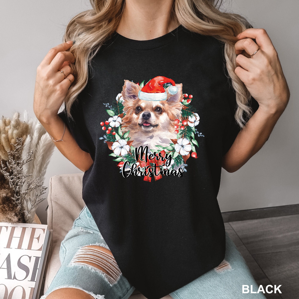 Merry Christmas Wreath Chihuahua Shirt, Comfort Colors Tee, Christmas Wreath Dog Shirt, Christmas Wreath Santa Dog, CR-0253.jpg
