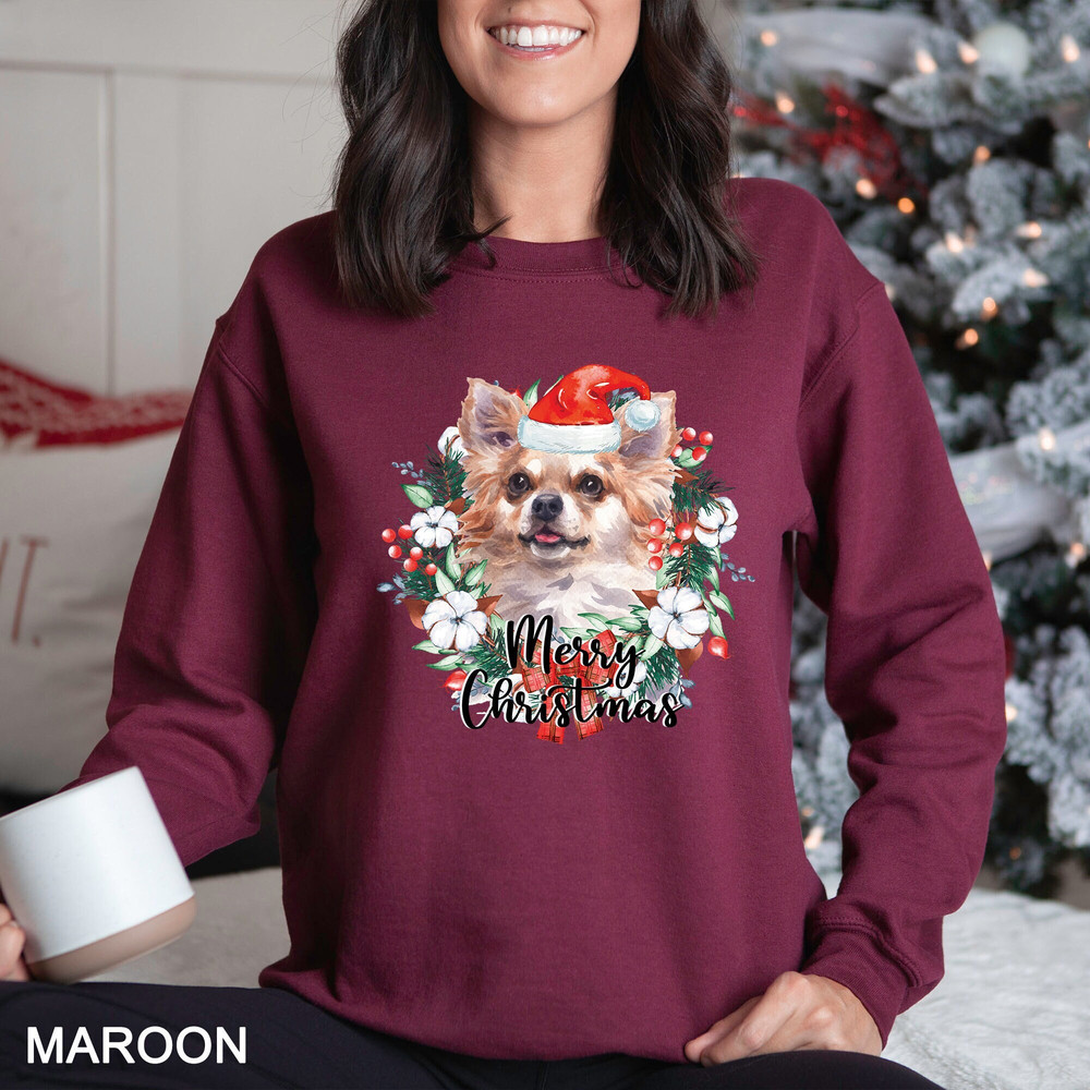 Merry Christmas Wreath Chihuahua Sweatshirt, Dog Sweatshirt, Christmas Wreath Dog Sweatshirt, Christmas Wreath Santa Dog Shirt, CR-0253.jpg