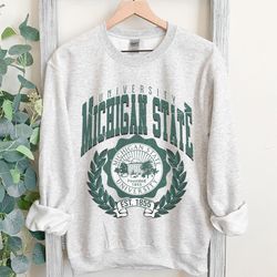 retro michigan state sweatshirt in classic gray, oversized, unisex, college shirt
