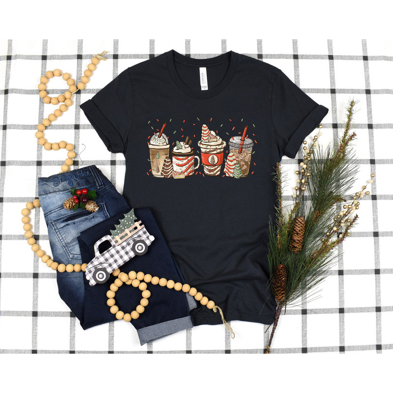 Christmas Tree Cake Shirt, Christmas Coffee T-Shirt, Christmas Latte Tee, Coffee Lover Gift, Merry Christmas Outfits, Retro Holiday Apparel.jpg