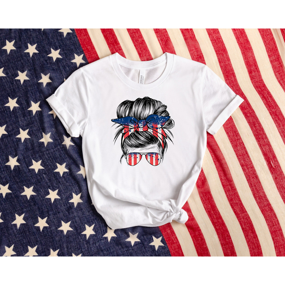 All American Mom Shirt, Messy Bun Hair Mom Shirt, American Mom Shirt, 4th Of July Shirt, Leopard Mom Shirt, American Family Shirt.jpg