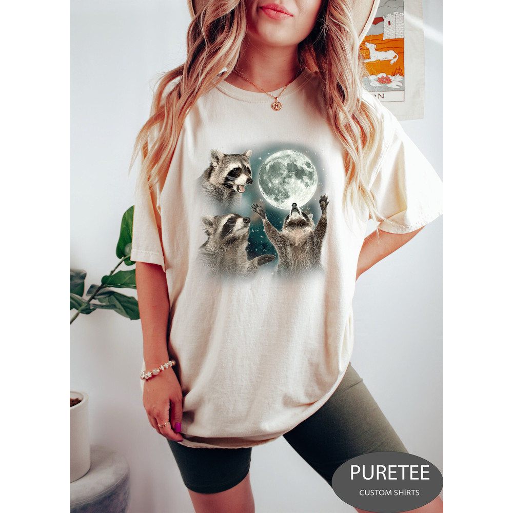 Three Raccoons Graphic T-shirts, Retro Raccoon Moon Tshirt, Oversized Washed Tee, Raccoon Gifts, Raccoon Lovers, Funny Raccon Tee.jpg