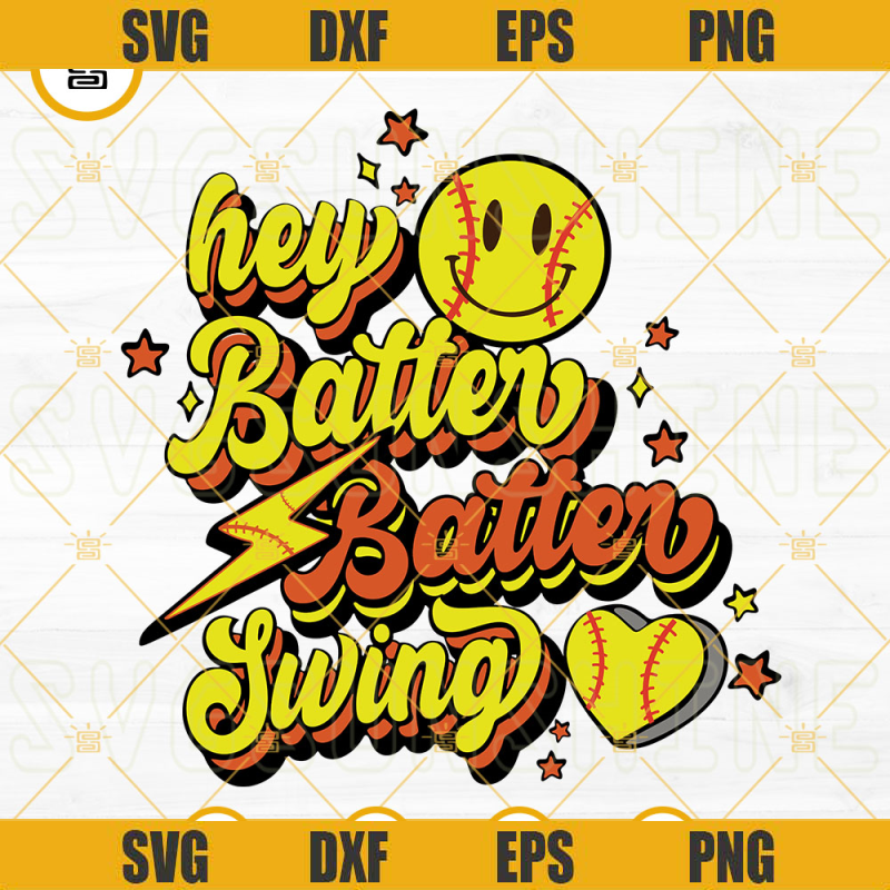 Hey Batter Batter Swing Softball SVG, Retro Smiley Face SVG, Summer Sports SVG PNG DXF EPS.jpg