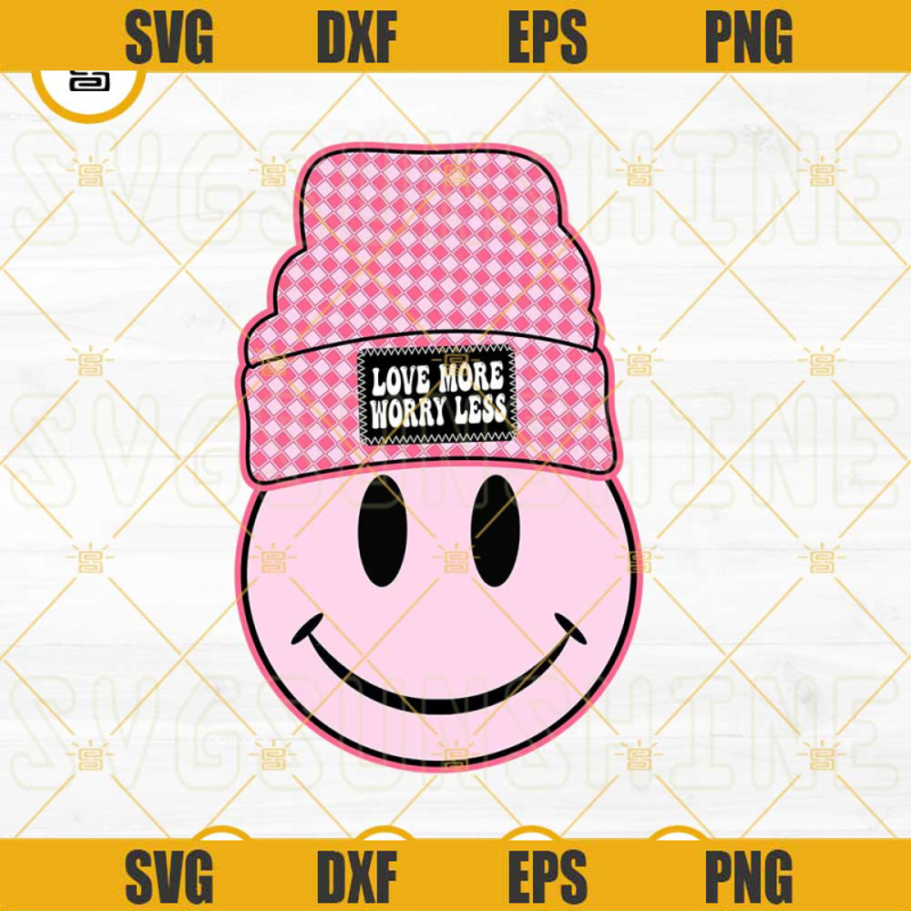 Smiley Face Valentine PNG, Love More Worry Less PNG, Groovy Pink Smiley Face PNG, Valentines PNG Digital Design.jpg