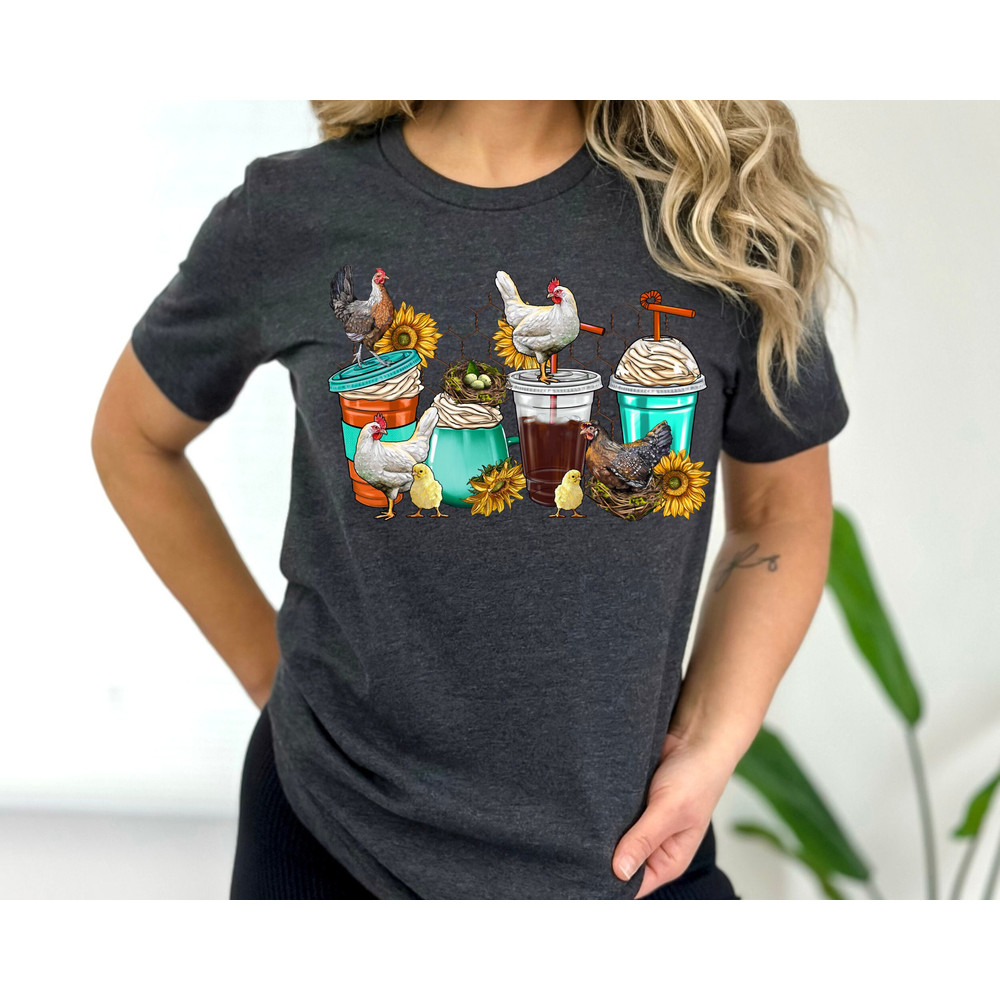 Chicken Shirt, Coffee Shirt, Chicken Mom Graphic Tees, Shirt for Women, Farm Shirt, Gift for Her, Farmer Vneck Shirt, Coffee T-Shirt.jpg