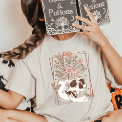 bloom skull shirt, halloween shirt, floral skeleton head shirt, women fall shirt, flower skull skeleton tshirt, skeleton