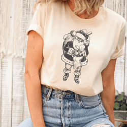 drawing santa shirt, santa holds baby tee shirt, retro santa shirt, santa delivers presents shirt, santa carries baby an