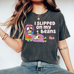 i slipped on my beans shirt, bluey dog shirt, bluey bingo shirt, bluey playing grannies shirt, bluey family shirts, blue