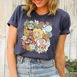 return to mario floral shirt, the super mario bros movie, main street usa, mario trip tshirt, cute super mario, mario 20