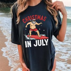 retro christmas in july shirt, funny santa claus surfing shirt, summer vacation shirt, summer holiday shirt, beach shirt