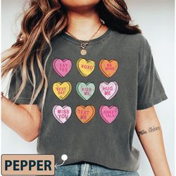valentines conversation hearts shirts, say, yes, xoxo, be mine, best day, kiss me, hug me, miss you, text me, sweet talk