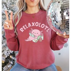 Relaxolotl Axolotl Sweatshirt for Womens, Adult Youth Axolotl Sweater, Cute Anime Hoodie for Her, Cute Valentines Day Sw