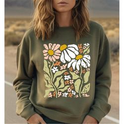 boho flowers sweatshirt, boho wildflowers floral nature sweater, style art nouveau art deco, retro daisy hoodie for wome