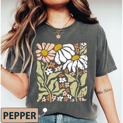 boho daisy flowers shirt, retro floral tshirt, botanical tee, wildflower nature tees, plant lover shirts, cottagecore cl