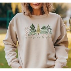 merry & bright christmas sweatshirt, christmas tree sweater, holiday womens hoodies, winter sweatshirt for her, christma