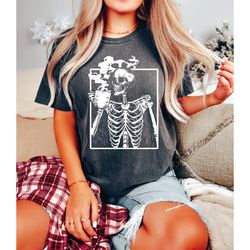 comfort colors coffee skeleton shirt, skeleton drinking coffee shirt, halloween skeleton shirt, coffee lover shirt, skul