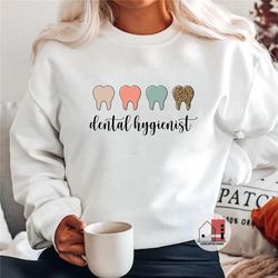 dental hygienist gift, leopard print sweatshirt, rdh, dh, dental hygiene school student, gift for dental assistant stude