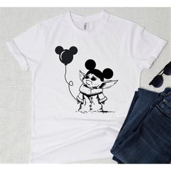 baby yoda with a mickey mouse balloon disney t-shirt