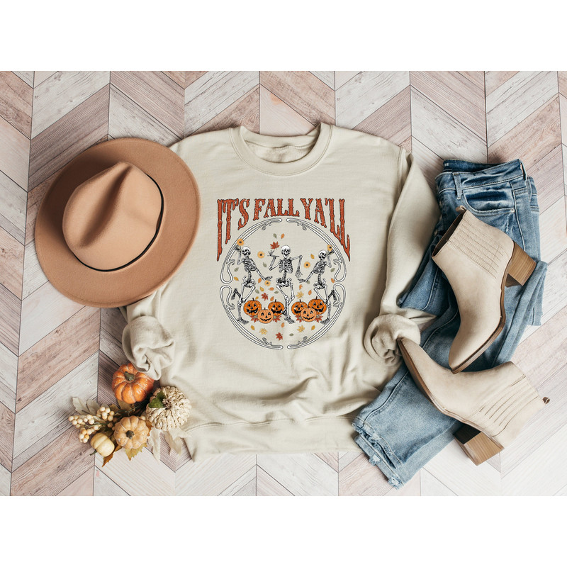 It's Fall Ya'll Shirt, Dancing Skeleton Shirt, Hello Fall Shirt, Thanksgiving Sweatshirt, Thanksgiving Shirt For Woman, Cute Pumpkin Shirt.jpg