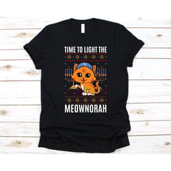 time to light the meownorah shirt, hanukkah menorah graphic, festival of lights, jewish festival shirt, cute cat lover d