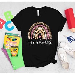 teach love inspire leopard rainbow t-shirt, back to school shirt, kindergarten teacher, teacher t-shirt, funny teacher s