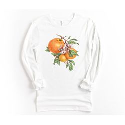 botanical long sleeve shirt, vintage fruit shirt, citrus shirt, tee, vintage botanical, botanical print, orange flower g