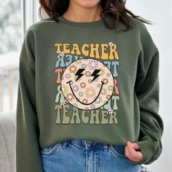 teacher sweatshirt, smiley face hoodie, trendy teacher sweatshirt, retro teacher appreciation, checkered teacher shirt,