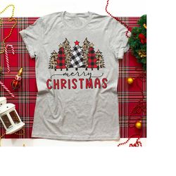 christmas leopar t-shirt, merry christmas pine trees t-shirt, festive holiday tee, new year plaid tree shirt, xmas chri