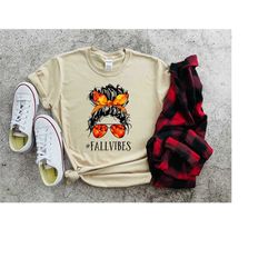 fall women shirt, fall vibes messy bun headband women shirt, messy bun pumpkins shirt, thankful women shirt, thanksgivin