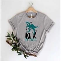 dinosaur christmas shirt, t-rex the halls shirt, mens christmas shirt, christmas gift for boys, snowflakes dinosaur shir