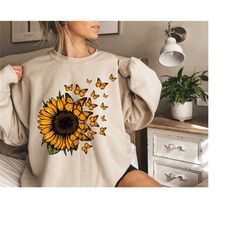beautiful sunflower and butterflies, cute sunflower sweater, sunflower t-shirt and flying butterflies, cute gift for wom