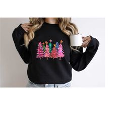 christmas sweater pink tree, christmas sweater, christmas neck sweater, christmas tree sweatshirt, women's vacation swea