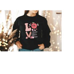 love teacher valentine shirt, teacher valentines gift sweatshirt, candy conversation hearts, heart print, trendy retro v