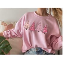 pink christmas tree sweatshirt, girly womens christmas sweater, vintage aesthetic clothes, winter retro xmas pajamas chr