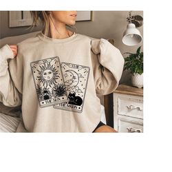 sun and moon tarot card sweatshirt, aesthetic black cat shirt, celestial mystical sweater, witchy clothes, witch pullove