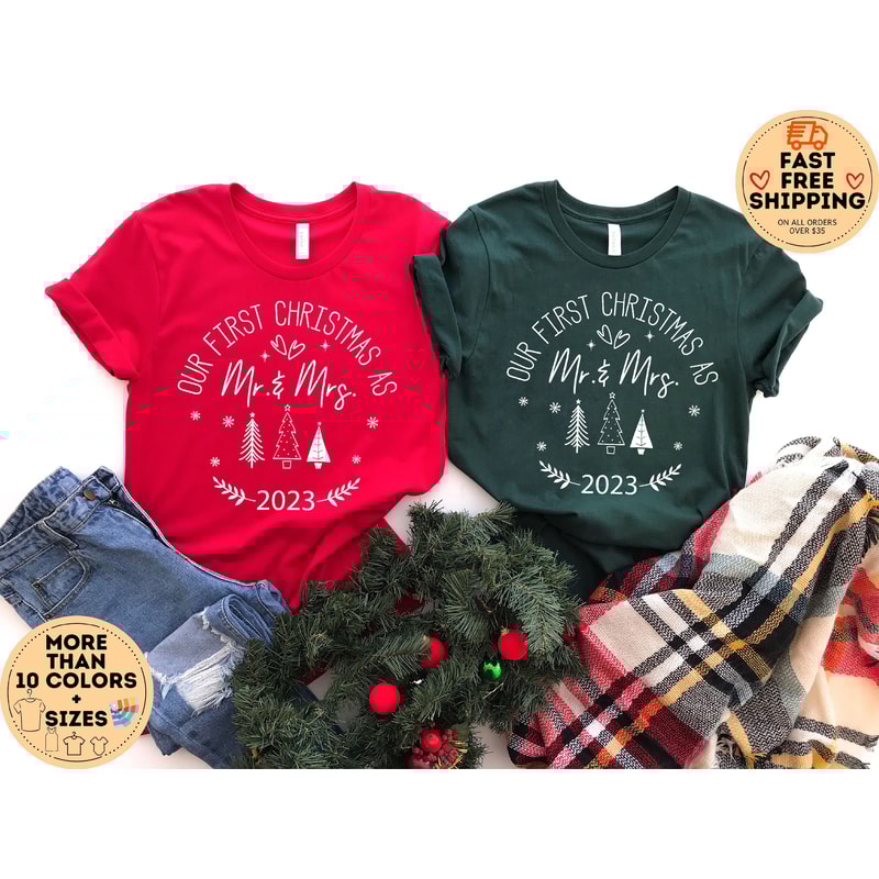 Our First Christmas As Mr And Mrs, Christmas Pajamas, Matching Christmas Shirts, Mr and Mrs Couple Tshirt, Merry Christmas tees, Holiday Tee.jpg