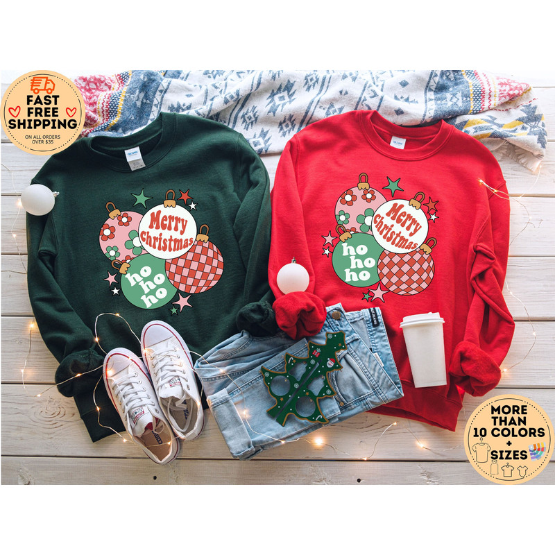 Retro Christmas sweatshirt, Christmas Ornament Sweater, Merry Christmas Shirts for Women, Christmas Crewneck, Xmas Holiday Sweatshirt.jpg