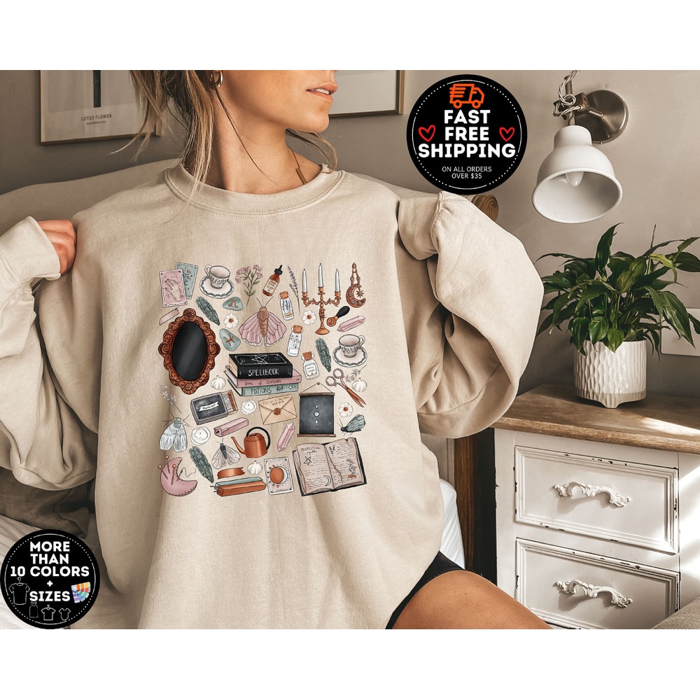 Witchy Doodle Sweatshirt, Halloween Doodle Shirt, Mystical Witchy Pullover Sweater, Sweatshirt Women, Fall Sweatshirt, Vintage Halloween Tee.jpg