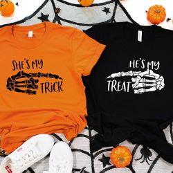 hes my trick sweatshirt, shes my treat shirt, halloween couple matching sweatshirt, halloween couple sweatshirt, hallowe