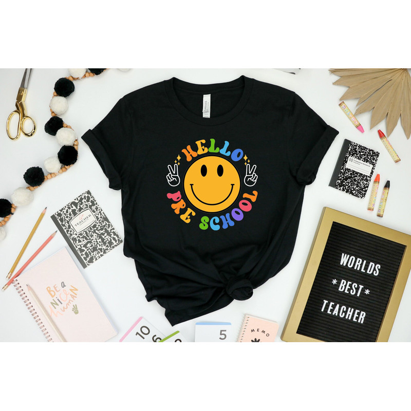 Hello Pre School Shirt, Pre School Teacher Shirt, Happy Face Teacher Shirt, Back To School Shirt, First Day Of School Shirt, Teacher Gift.jpg
