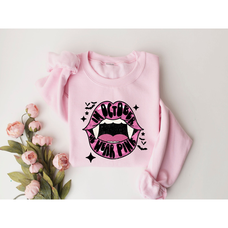 In October We Wear Pink Shirt, Cancer Awareness, Halloween Bats And Lips Shirt, Pink Ribbon Shirt, Cancer Fighter Shirt, Pink Day Sweatshirt.jpg